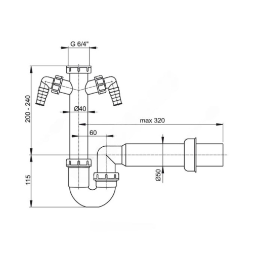 Сифон для кухонной мойки трубный Alca A82-DN50 1 1/2″х40 с прямой трубкой, с 2-мя отводами (штуцерами), без выпуска