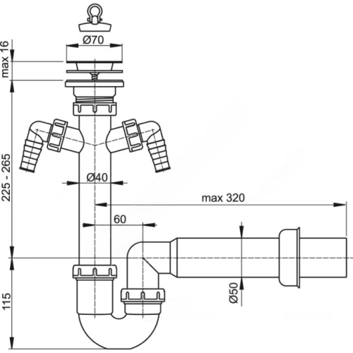 Сифон для кухонной мойки трубный Alca Plast A820-DN50 1 1/2″х40 с прямой трубкой, с 2-мя отводами (штуцерами), с нержавеющей решеткой