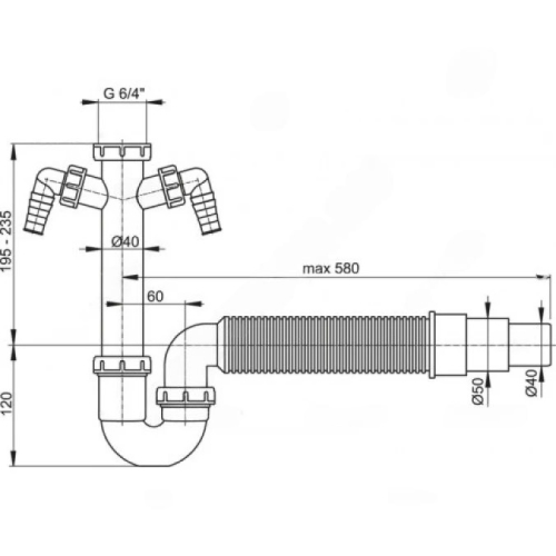 Сифон для кухонной мойки трубный Alca Plast A84-DN50/40 1 1/2″х40 с гофрой 40Х50/40, с 2-мя отводами (штуцерами), без выпуска