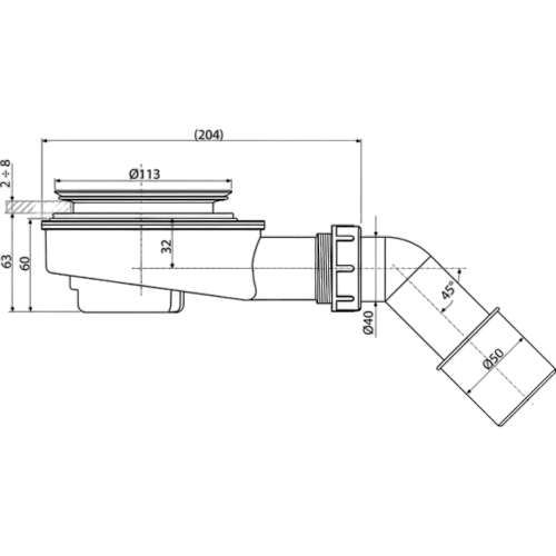 Сифон для поддона душевого Alca Plast A491 1 1/2″x90/40, высота - 60 мм, с переходной трубкой 45° без крышки