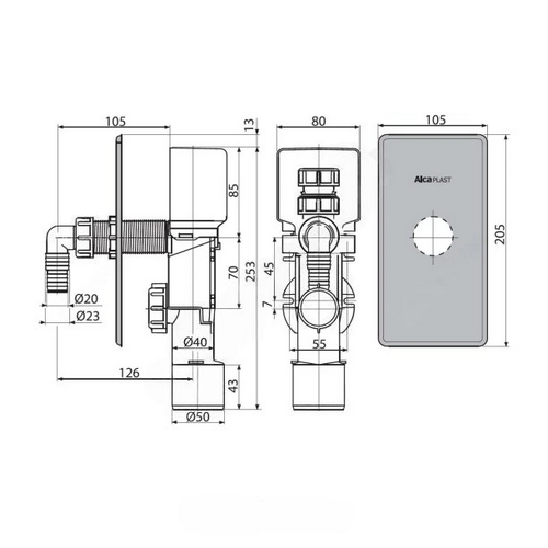 Сифон Alca Plast APS3P 23/20х40/50 для стиральной машины, исполнение - скрытый монтаж, панель - нержавеющая сталь