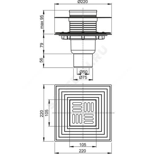 Трап вертикальный регулируемый Alca Plast APV4344 Дн50/75 с нержавеющей решеткой 105х105мм с гидрозатвором+механический сухой затвор