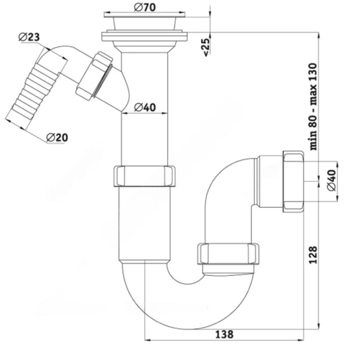 Сифон для кухонной мойки трубный АНИ Пласт D1040 1 1/2″х40 с жестким переливом, с нержавеющей решеткой