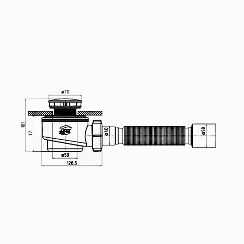 Сифон для поддона душевого АНИ Пласт E415C 1 1/2″x50/40, высота - 74 мм, с гофрой 40х50 мм, слив крышкой диаметром 70 мм