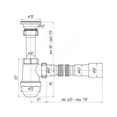 Сифон для умывальника/мойки АНИ Пласт C0115 1 1/2″x40 бутылочный, с гофрой 40х40/50 мм, выпуск с нержавеющей решеткой диаметром 70 мм