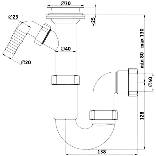 Сифон для умывальника/мойки АНИ Пласт D2000 1 1/2″x40 трубный, с отводом (штуцером), литой выпуск с нержавеющей решеткой диаметром 70 мм