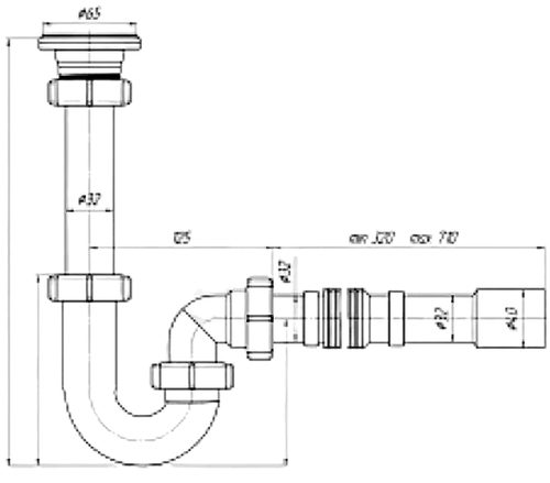 Сифон для умывальника АНИ Пласт DB1015 1 1/4″x32 трубный, с гофрой 32х32/40 мм, выпуском с нержавеющей решеткой диаметром 65 мм