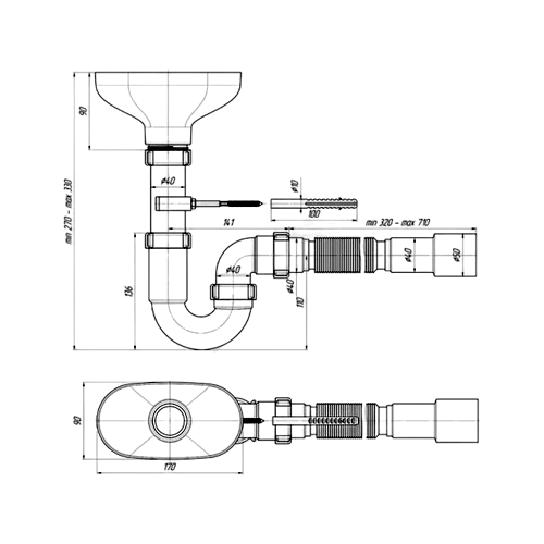 Сифон трубный АНИ Пласт DR0115 Дн40x40, с разрывом струи, с гофрой 40х40/50мм, выпуск с овальной приемной воронкой размерами 170х90 мм