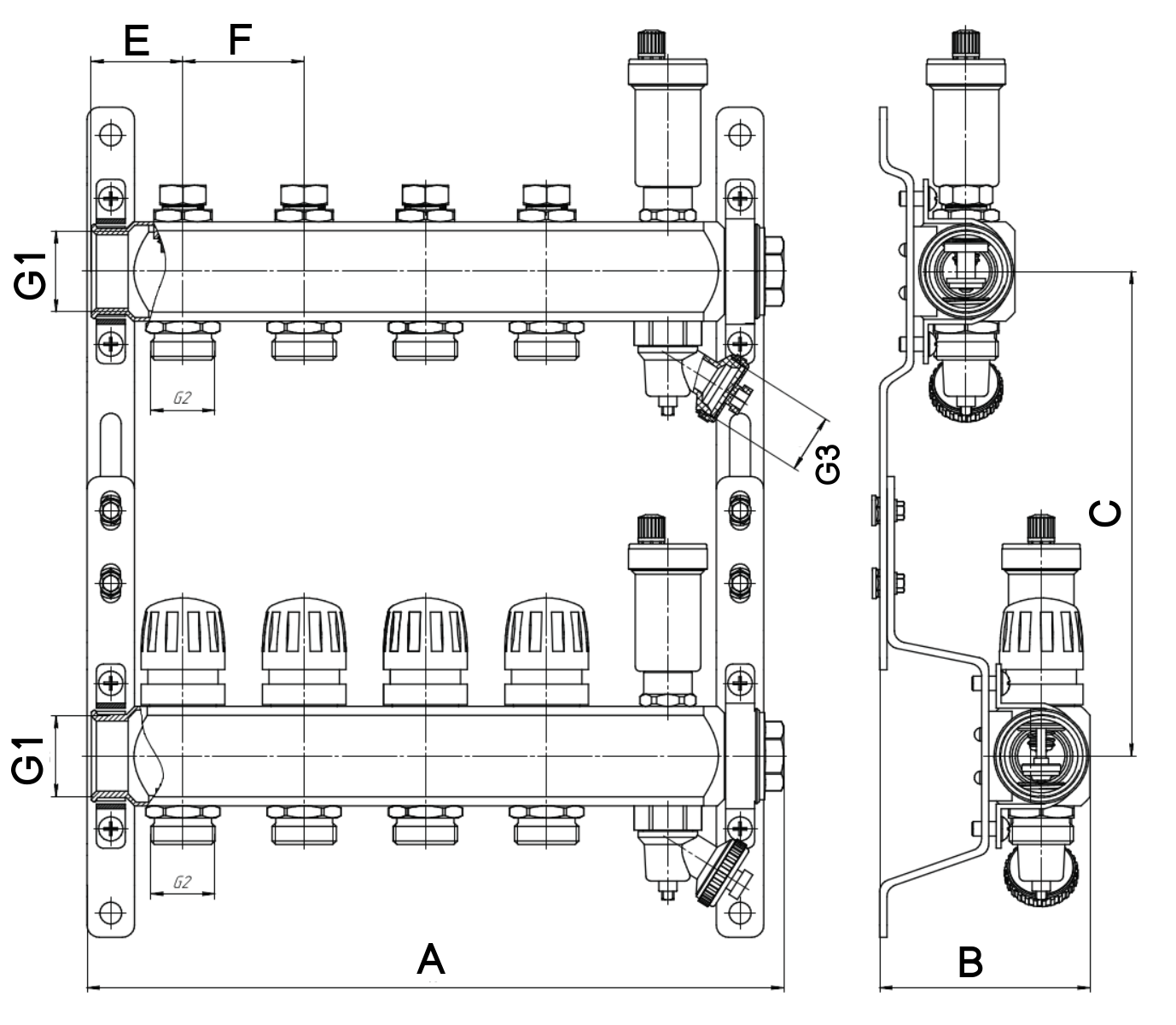 Коллекторная группа AQUALINK для теплых полов и отопления из нержавеющей стали 1″ Ду25 Ру10 3x3/4″ с регулирующими и настроечными клапанами, автоматическими воздухоотводчиками и дренажными клапанами