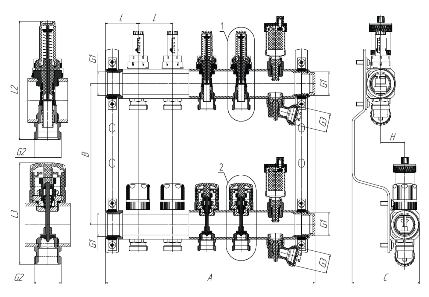 Коллекторная группа AQUALINK для теплых полов и отопления из нержавеющей стали 1″ Ду25 Ру10 10x3/4″ с расходомерами и регулирующими клапанами, автоматическими воздухоотводчиками и дренажными клапанами