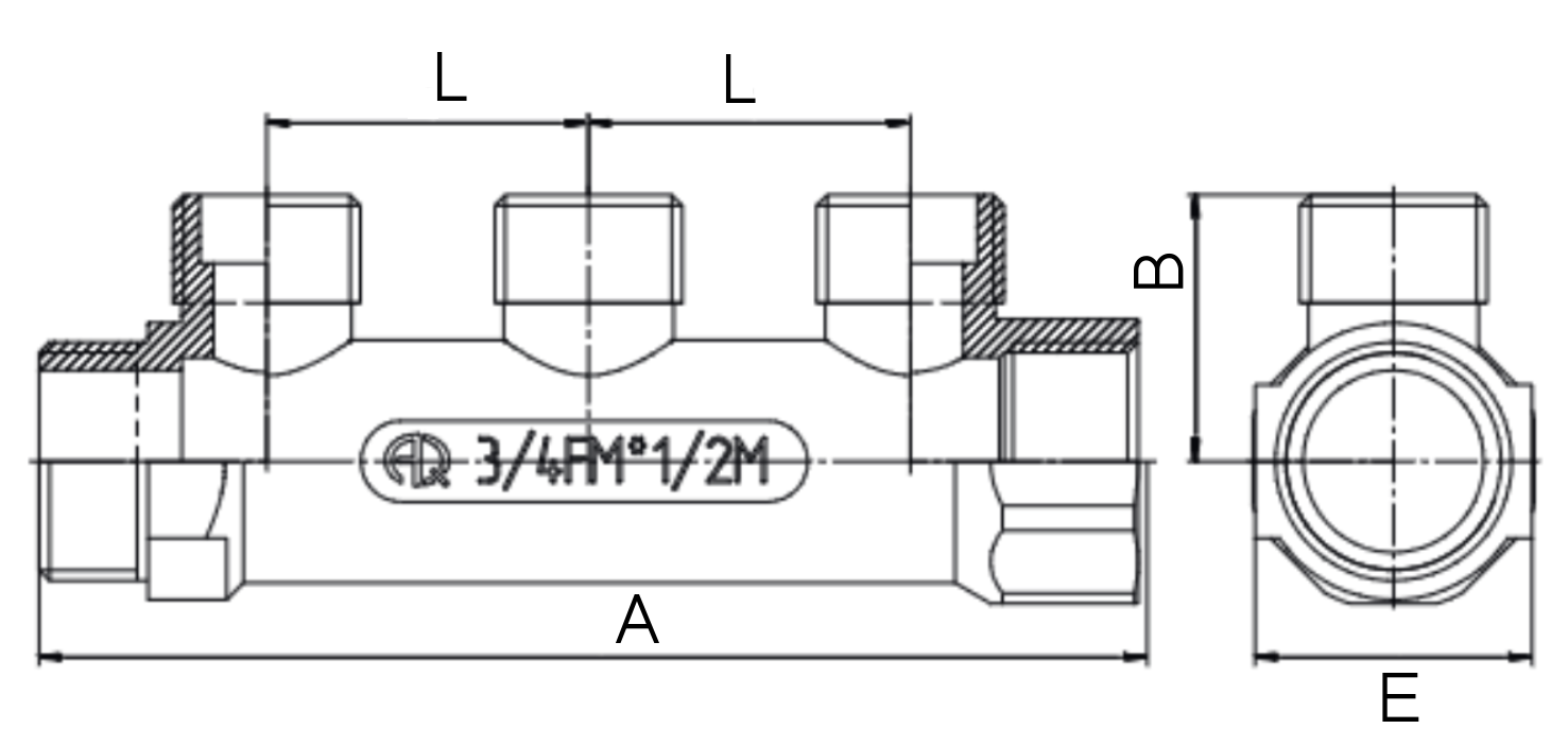 Коллектор AQUALINK 3/4″ Ду20 Ру10 3 отвода 1/2″ Ду15 внутренняя/наружная резьба