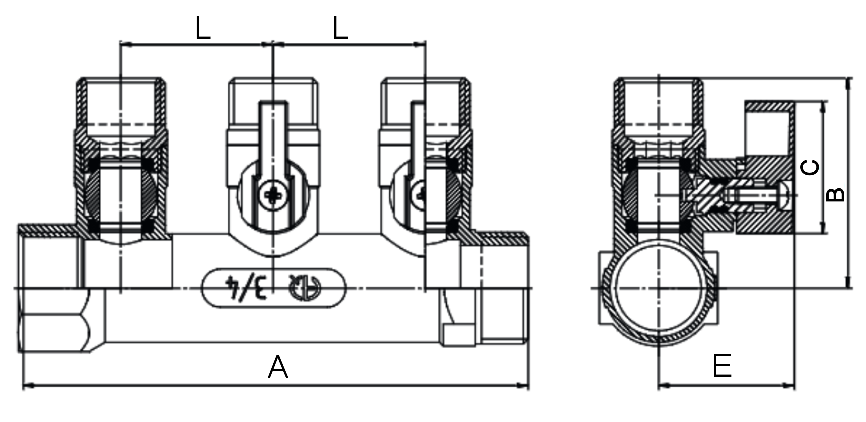 Коллекторы AQUALINK 3/4″ Ду20 Ру10 2-4 отвода 1/2″ Ду15 внутренняя/наружная резьба с кранами