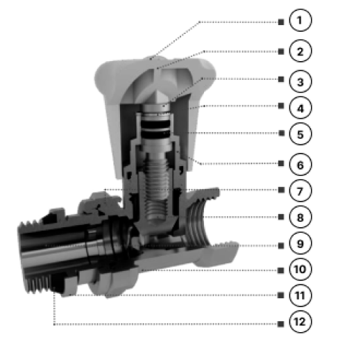 Клапан настроечный AQUALINK 3/4″ Ду20 Ру10 угловой, корпус - латунь никелированная CW617N, присоединение - внутренняя / наружная резьба, уплотнение - ЕРDМ
