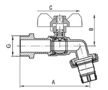 Эскиз Кран шаровой водоразборный AQUALINK 3/4″ Ду20 Ру16 стандартнопроходной, никелированный, наружная резьба/штуцер, ручка-бабочка, с насадкой для шланга (01490)