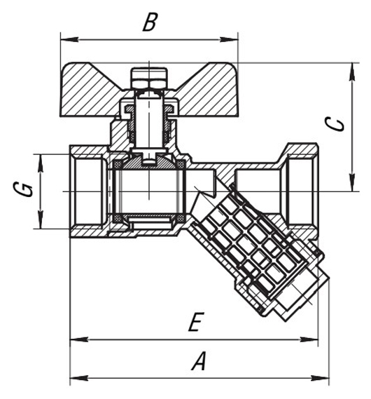 Кран шаровой AQUALINK 1/2″ Ду15 Ру35 с косым фильтром стандартнопроходной муфтовый со сгоном, латунный, внутренняя/внутренняя резьба, управление ручка-бабочка