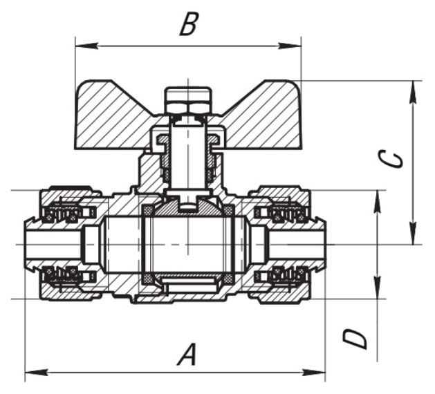 Кран шаровой AQUALINK Ц-Ц Ду16x16 Ру10 неполнопроходной муфтовый со сгоном для МП труб, латунный, компрессионное/компрессионное, управление ручка-бабочка