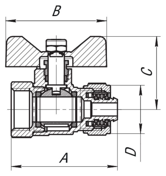 Кран шаровой AQUALINK ВР-обжим 3/4″x20 Ду20x20 Ру10 неполнопроходной муфтовый со сгоном для МП труб, латунный, компрессионное/внутренняя резьба, управление ручка-бабочка