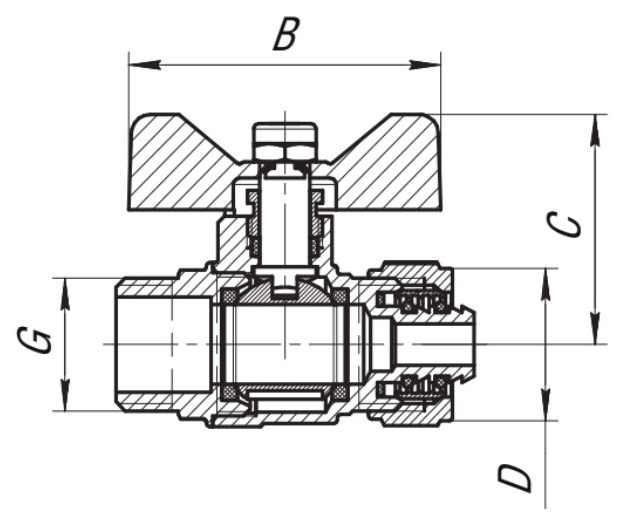 Кран шаровой AQUALINK НР-штуцер 3/4″x20 Ду20x3/4″ Ру10 неполнопроходной муфтовый со сгоном для МП труб, латунный, компрессионное/наружная резьба, управление ручка-бабочка