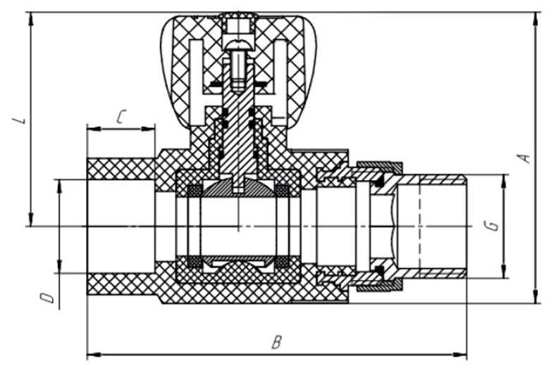 Кран шаровой полипропиленовый PP-R AQUALINK НР-ПП Дн25х1/2″ Ру25 стандартнопроходной прямой для радиаторов, наружная резьба/сварка, управление кран-букса