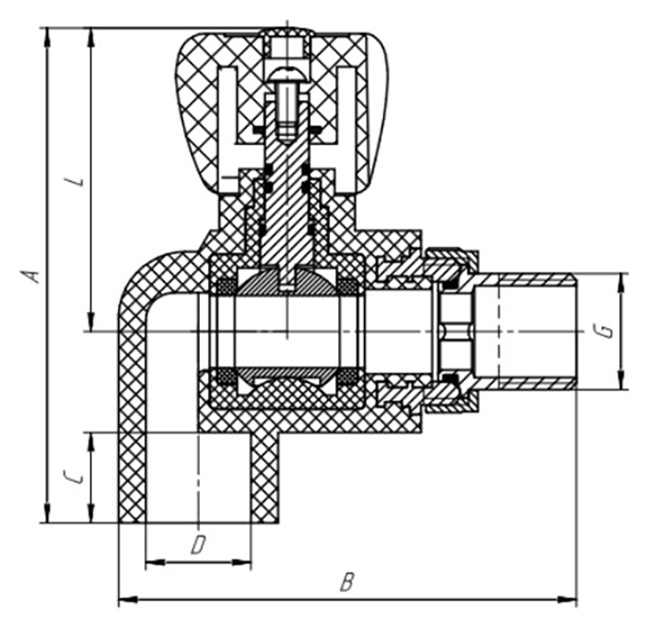 Кран шаровой полипропиленовый PP-R AQUALINK НР-ПП Дн20х1/2″ Ру25 стандартнопроходной угловой для радиаторов, наружная резьба/сварка, управление кран-букса
