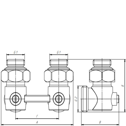 Узлы нижнего подключения радиатора AQUALINK Н-образный угловой 1/2x3/4, нар-нар (евроконус)