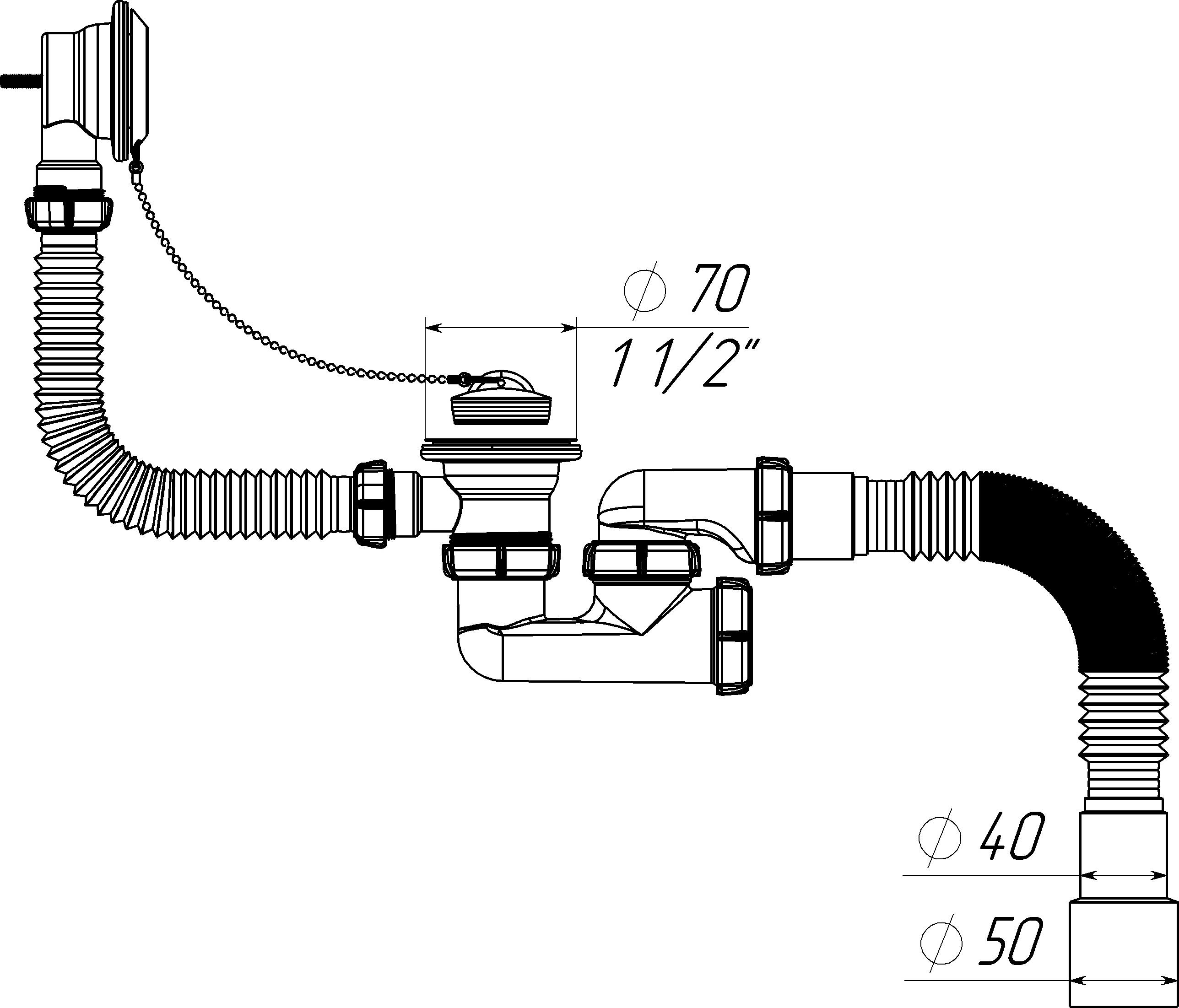 V255 Сифон для ванны регулируемый с выпуском и переливом с гофротрубой 40х40/50