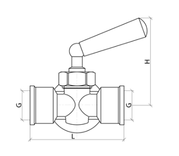 Эскиз Кран для манометра трехходовой Aquasfera 1064 Ду 15 Ру16 латунный, внутренняя резьба G1/2″ - М20х1,5 с рукояткой и фланцем под манометр (1064-01)