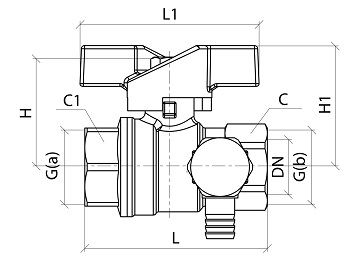 Эскиз Кран шаровой 1013 Aquasfera 1/2″ Ду15 Ру40 полнопроходной, никелированный, внутренняя резьба, ручка-бабочка, со спускником (1013-01)