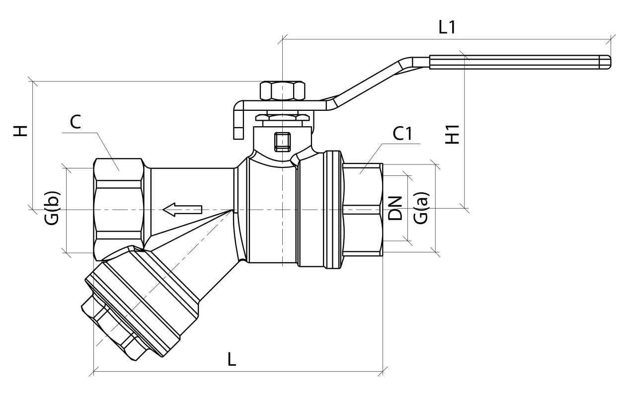 Эскиз Кран шаровой 1014 Aquasfera 3/4″ Ду20 Ру30 полнопроходной, никелированный, внутренняя резьба, ручка-рычаг, с косым фильтром (1014-02)