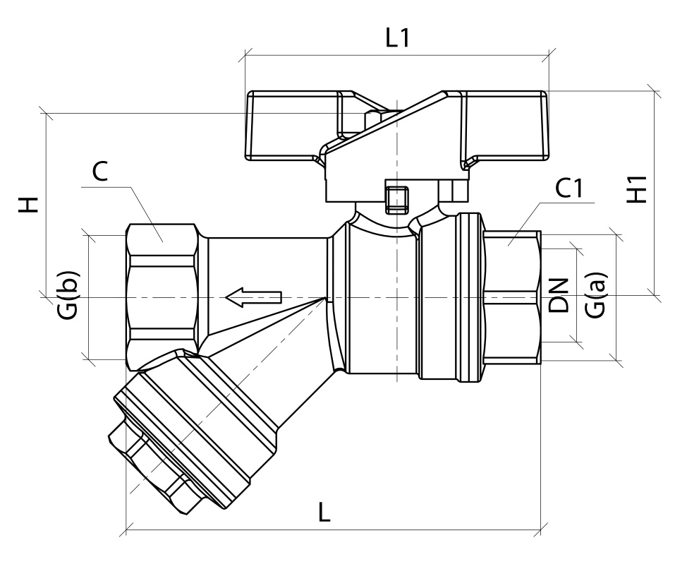 Эскиз Кран шаровой 1015 Aquasfera 1/2″ Ду15 Ру40 полнопроходной, никелированный, внутренняя резьба, ручка-бабочка, с косым фильтром (1015-01)