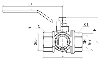 Эскиз Кран шаровой трехходовой 1020 Aquasfera 3/4″ Ду20 Ру30 полнопроходной, никелированный, внутренняя резьба, ручка-рычаг (1020-02)