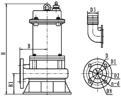 Насос канализационный AQUAVIVA LX 50WQ15-15T-JY 2″ Ду50 Ру6 вертикальный, с агитатором, производительность - 15 м³/ч, напор - 15 м, мощность - 1.5 кВт, 380 В, материал корпуса - чугун