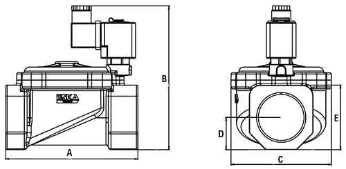 Эскиз габаритов Клапан электромагнитный АСТА ЭСК 200 1 1/4″ Ду32 проходное сечение 32 мм Ру3 НЗ пилотный латунный, уплотнение плунжера - PTFE, мембрана - EPDM, 24 В