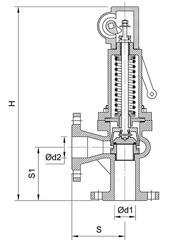 Клапан предохранительный АСТА П123 Ду32х32 Ру25 малоподъёмный фланцевый, корпус - чугун ВЧ40, уплотнение - PTFE, Тмакс=200 °С