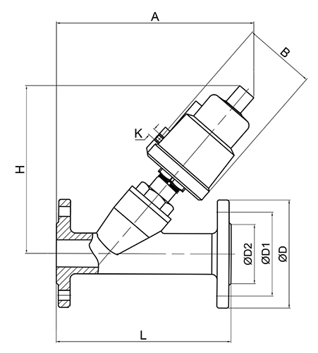 Клапан запорно-регулирующий АСТА Р12П Ду40 Ру16 нормально закрытый, фланцевый, с пластиковым пневмоприводом ППП-80, Kvs=38,0 м3/ч, Т=200°С