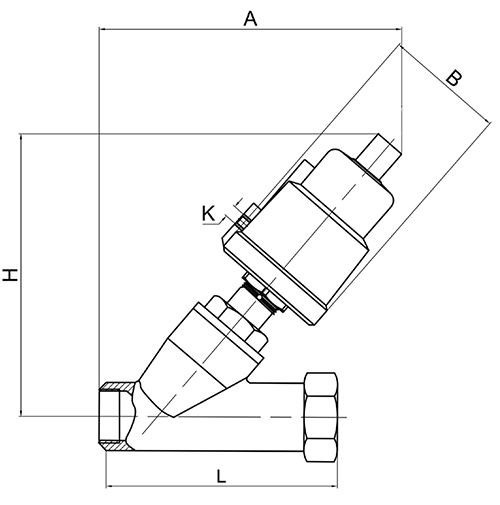 Клапан запорно-регулирующий АСТА Р12 Ду25 Ру16 нормально закрытый, резьбовой, с нержавеющим пневмоприводом ППП-63, Kvs=18,0 м3/ч, Т=220°С