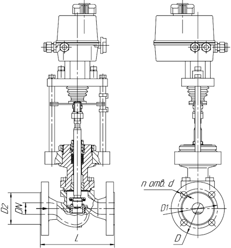 Клапаны регулирующие Авангард КР 25ч945нж Ду15-300 Ру16 односедельные неразгруженные, присоединение фланцевое, корпус - чугун СЧ20, уплотнение - металл, электропривод ПЭП-САЗ-2-1000 (стандарт-2)