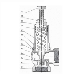 Эскиз Клапан предохранительный пружинный Benarmo 1/2″ Ду15 Ру16 латунный, угловой, внутренняя резьба, автоматический, диапазон настройки давления срабатывания 1 - 16 бар