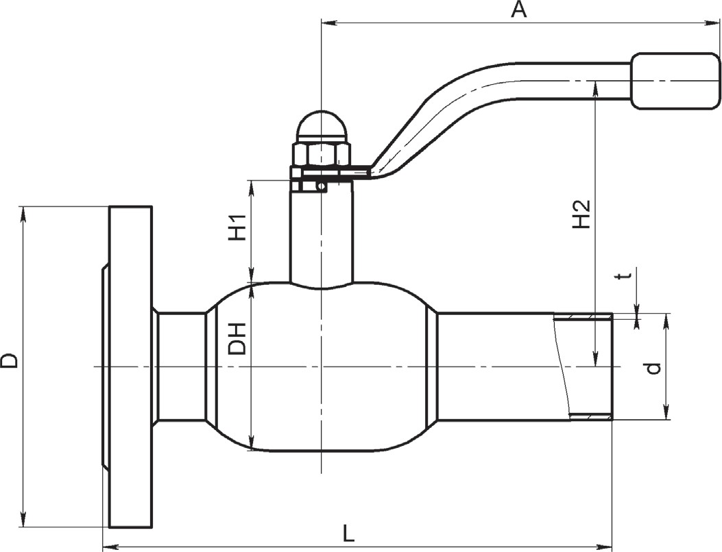 Кран шаровый Broen Ballomax-КШТ60.104А.40 Ду15 Ру40 стандартнопроходный с плавающим шаром, с ISO фланцем, корпус - сталь, уплотнение - EPDM, сварка / фланец, ручка-рычаг