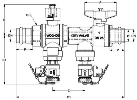 Комплект кранов шаровых Cimberio CIM С3730 Ду28 Ру25 полнопроходной, пресс, для подключения геотермальных модулей