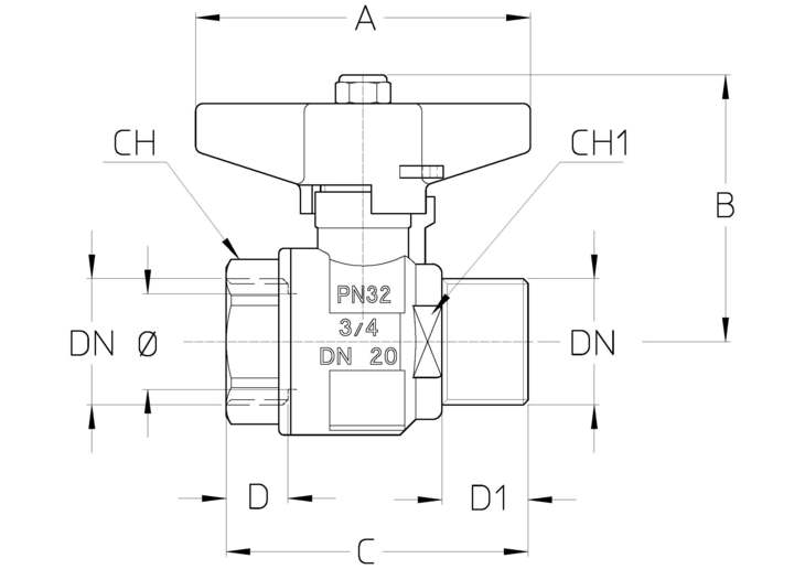 Кран шаровый Cimberio CIM301-14 1/2″ Ду15 Ру80 серии T14, полнопроходный, корпус - никелированная латунь CW617N, уплотнение PTFE, присоединение - внутренняя-наружная резьба, управление - ручка бабочка