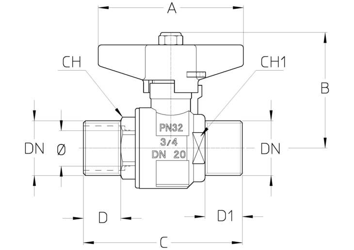 Кран шаровый Cimberio CIM302-14 2″ Ду50 Ру32 серии T14, полнопроходный, корпус - никелированная латунь CW617N, уплотнение PTFE, присоединение - наружная резьба, управление - ручка бабочка