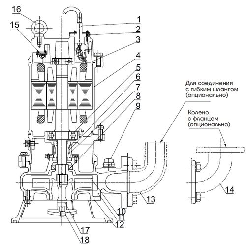 Насос канализационный CNP WQ-JYAC(I)+TOS-50 50WQ7-15-1.1JYAC(I)+TOS-50 Ду50 Ру6 погружной, с перемешивающим механизмом, с автоматической трубной муфтой, производительность - 7 м3/час, напор - 15 м, мощность - 1,1 кВт