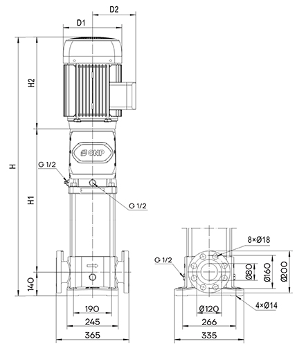 Насос многоступенчатый CNP CDM42-3-2FSWPR 3″ Ду80 Ру30 вертикальный, подача - 42 м3/ч, мощность - 45 кВт, 220/380 В, количество ступеней - 3, количество уменьшенных колес - 2, материал корпуса - чугун