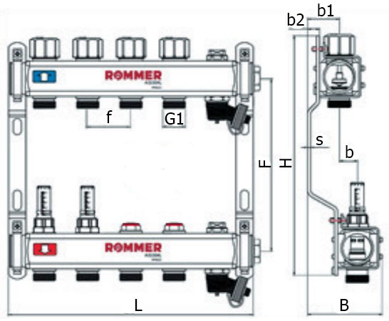 Коллекторы стальные ROMMER RMS-3201 без расходомеров, с клапаном выпуска воздуха и сливом, 2 - 12 выходов