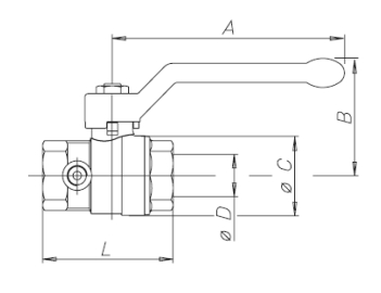 Эскиз Кран шаровой BVR-D Danfoss 1 1/2″ Ду40 Ру40 полнопроходной, никелированный, внутренняя резьба, ручка-рычаг, со спускником (065B8220)