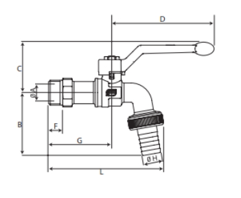 Эскиз Кран шаровой водоразборный BVR-C Danfoss 1/2″ Ду15 Ру10 стандартнопроходной, никелированный, наружная резьба, ручка-рычаг, с насадкой для шланга (065B8200)