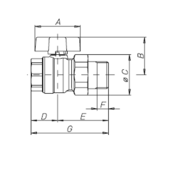 Эскиз Кран шаровой BVR-F Danfoss 3/4″ Ду20 Ру40 полнопроходной, никелированный, внутренняя резьба/″американка″, ручка-бабочка (065B8204)