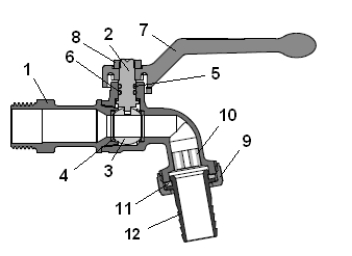 Эскиз Кран шаровой водоразборный BVR-C Danfoss 1/2″ Ду15 Ру10 стандартнопроходной, никелированный, наружная резьба, ручка-рычаг, с насадкой для шланга (065B8200)