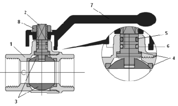 Эскиз Кран шаровой BVR-D Danfoss 1″ Ду25 Ру40 полнопроходной, никелированный, внутренняя резьба, ручка-рычаг, со спускником (065B8218)